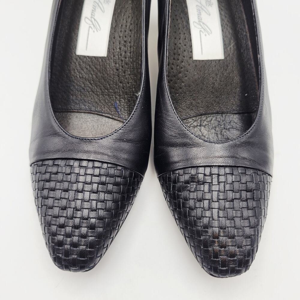Amalfi by Rangoni Women Black Leather Pumps Heel 7 Narrow Career Woven Cap Toe - Picture 4 of 10
